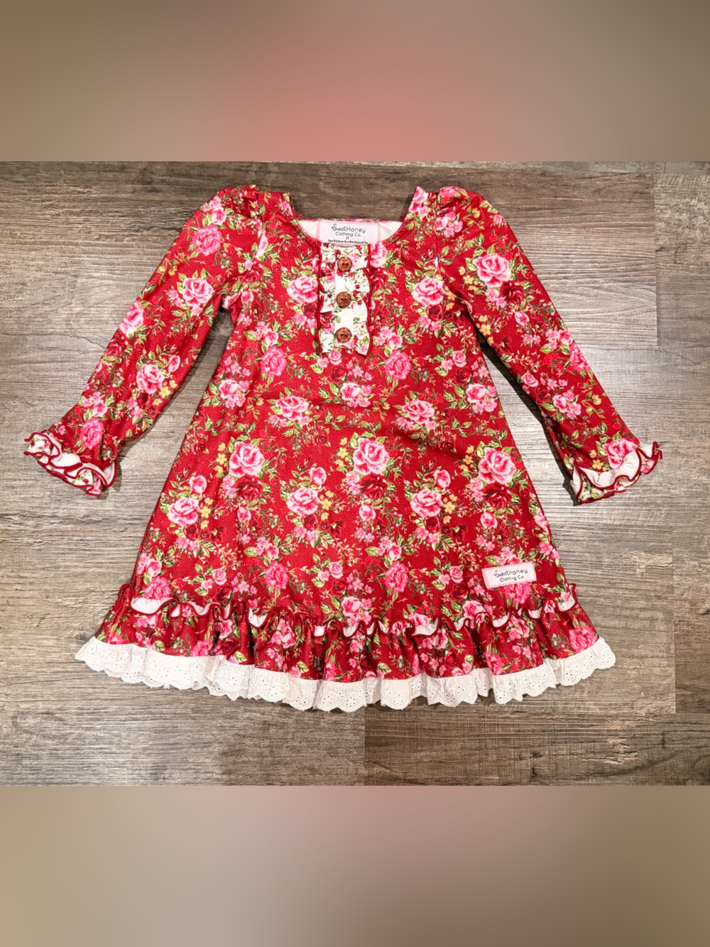 Sweet honey Red Floral Ruffle Long Sleeve Dress with Eyelet Trim